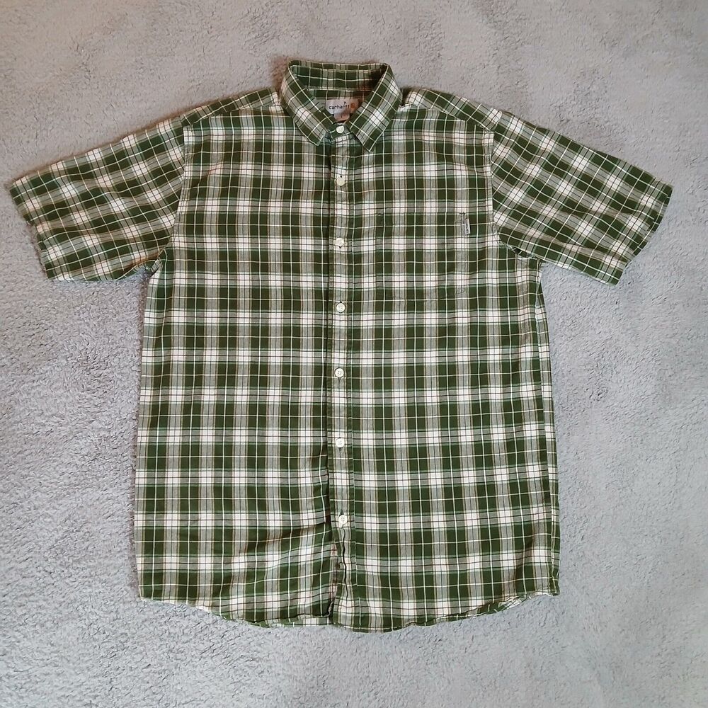 Carhartt Short Sleeve Button Down Work Dress Shirt Plaid Men's Large Collared